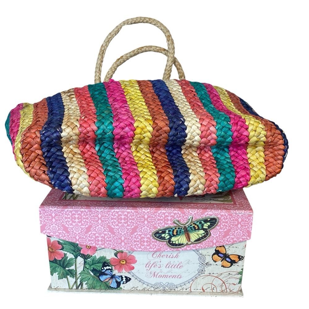Waves Straw Beach Bag Vintage 80s 90s Colorful Deep Tote Dual Handle Flat Bottom - Picture 4 of 9
